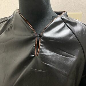 Black Faux Leather Top with Brown Trim